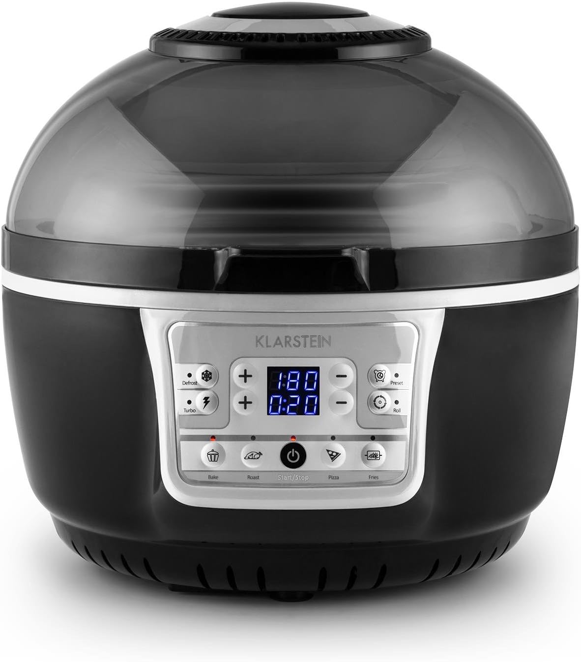 Klarstein VitAir Turbo Heißluftfritteuse - 1400 Watt Heissluftfriteuse, Airfryer mit 9 Liter Garraum, 50 bis 230°C, Timer, Halogen-Infrarot-Heizelement, Kuppel-Design, schwarz-grau