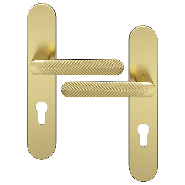 Ensemble poignée sur plaque rondcylindre GoodHome Garlan effet laiton satin doré L.125mm x l.42mm entraxe 165-195mm