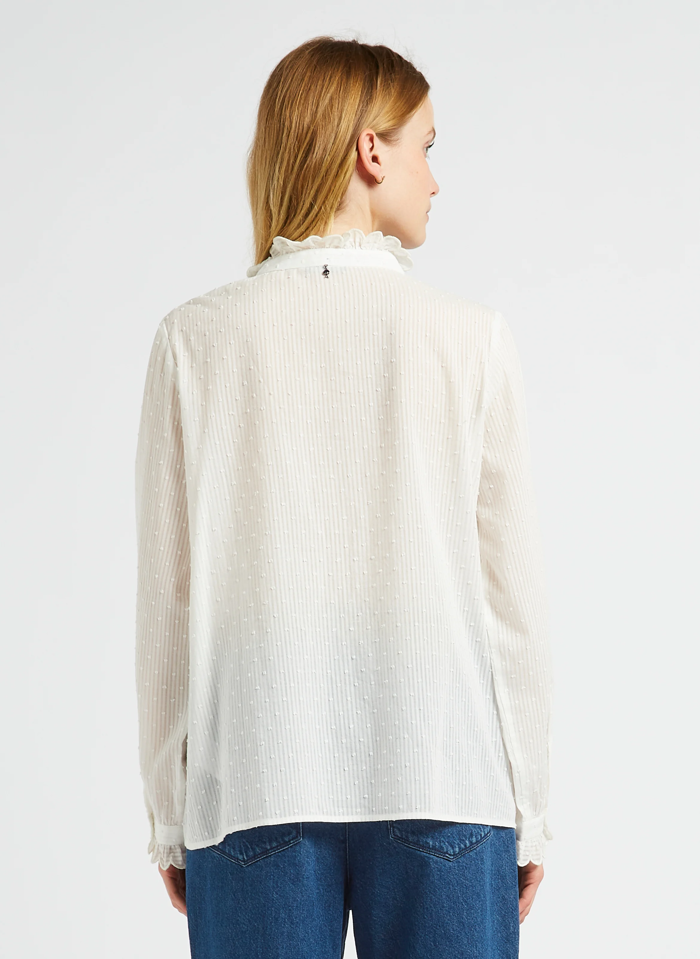 CAROLA - Blouse droite col montant en coton rayé | Blanc