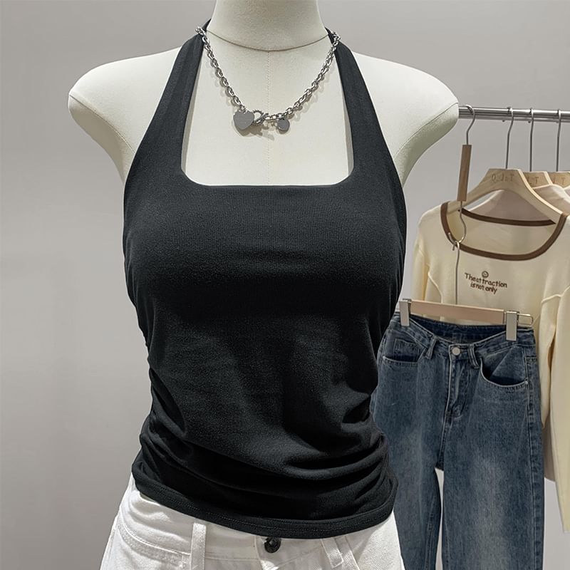 Only Here - Haltertop met vierkante hals, effen gerimpeld en open rug, cropped gebreide top