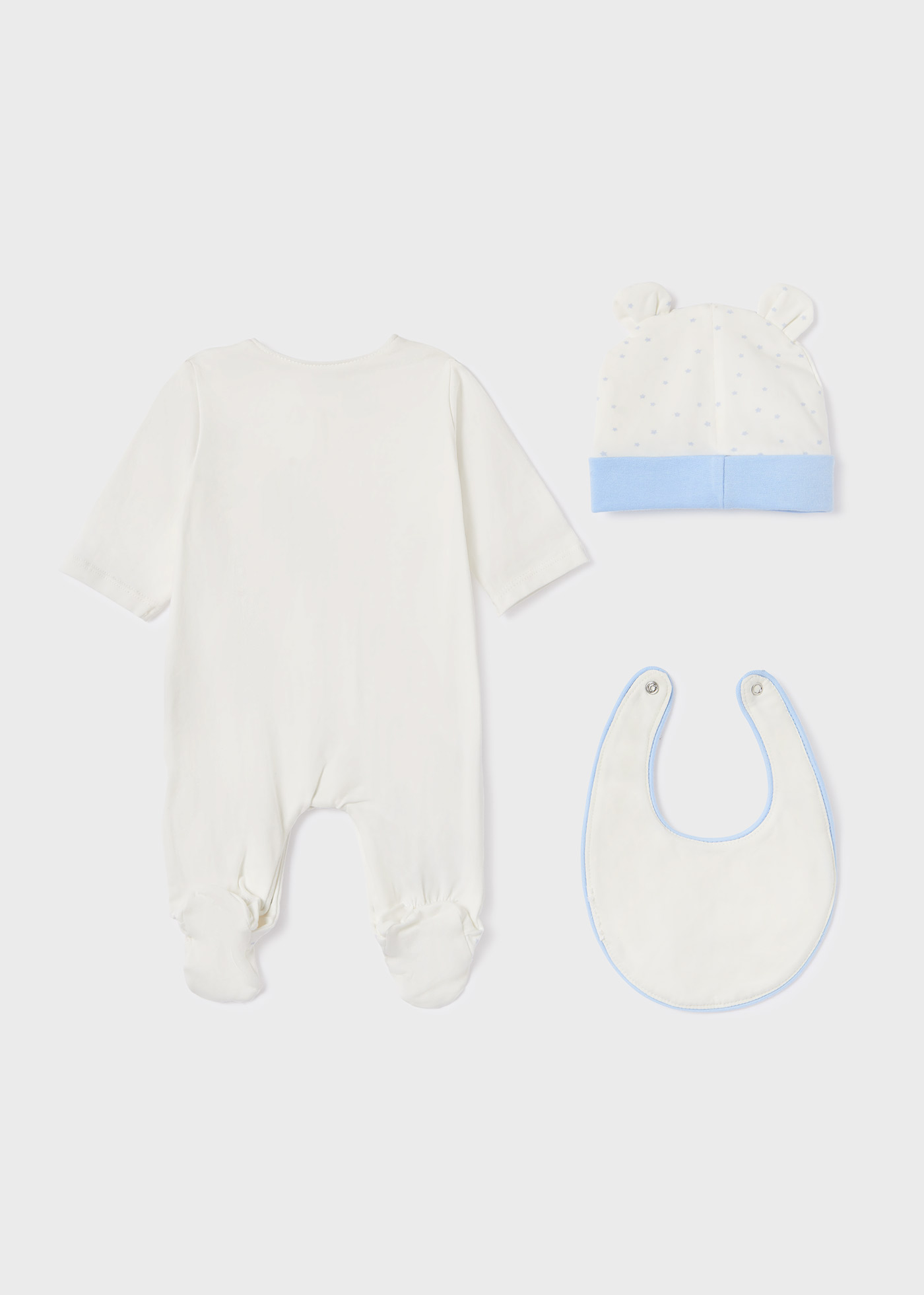 Conjunto de 3 peças em algodão sustentável para recém-nascidos.