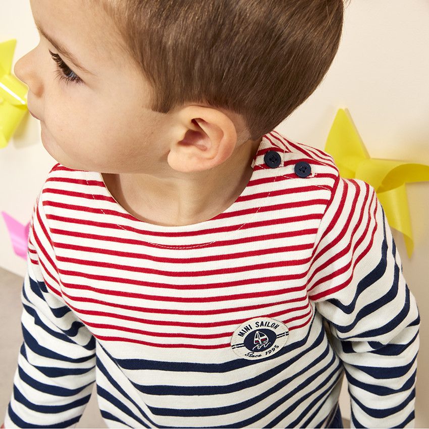 T-shirt manches longues esprit marinière pour bébé garçon - Ecru