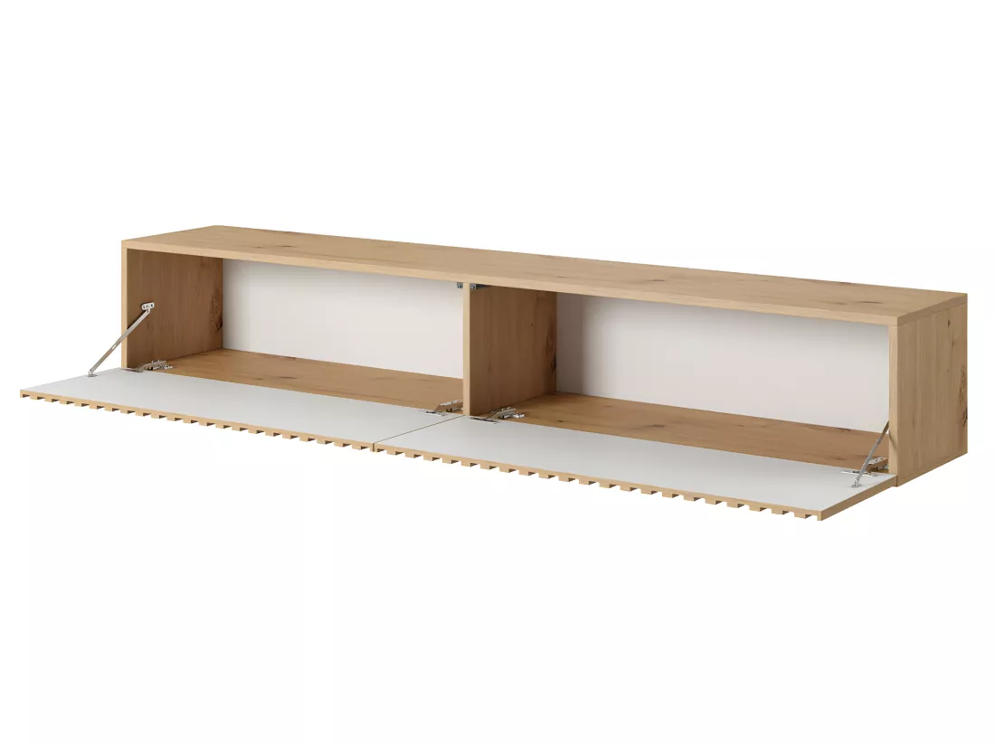 Meuble TV 175 cm - en chêne artisan avec façade fraisée et inserts noirs - TELIRE