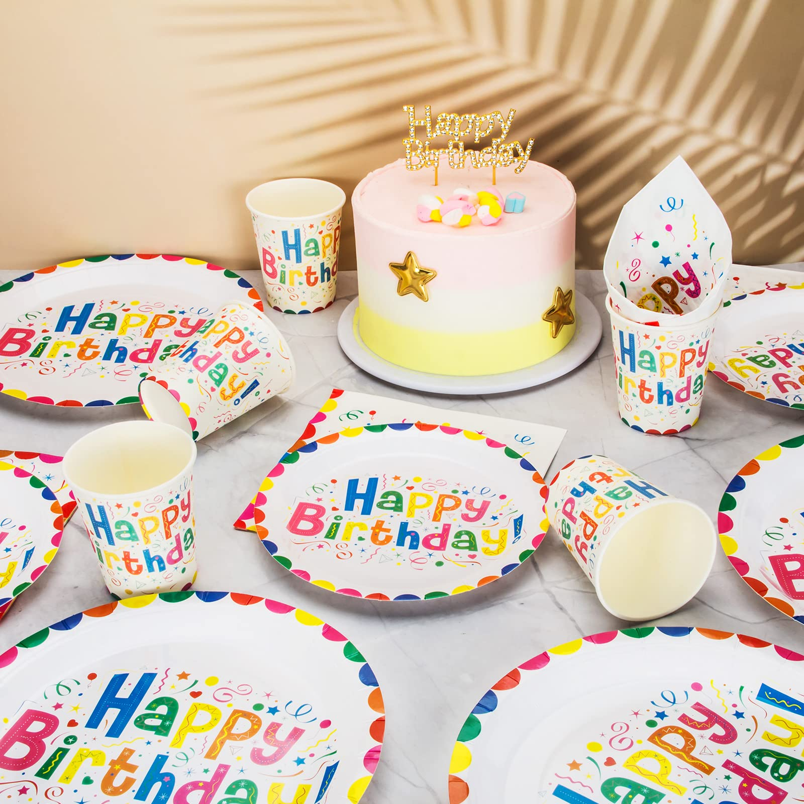 (80-tlg. Set) Happy Birthday Einweg Geschirr Geburtstags Party Tisch Deko inkl. Teller / Servietten / Papp Becher - Bunt