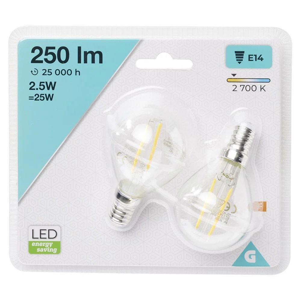 Ampoule LED filament E14 G45 Homday lumière chaude 250lms x2
