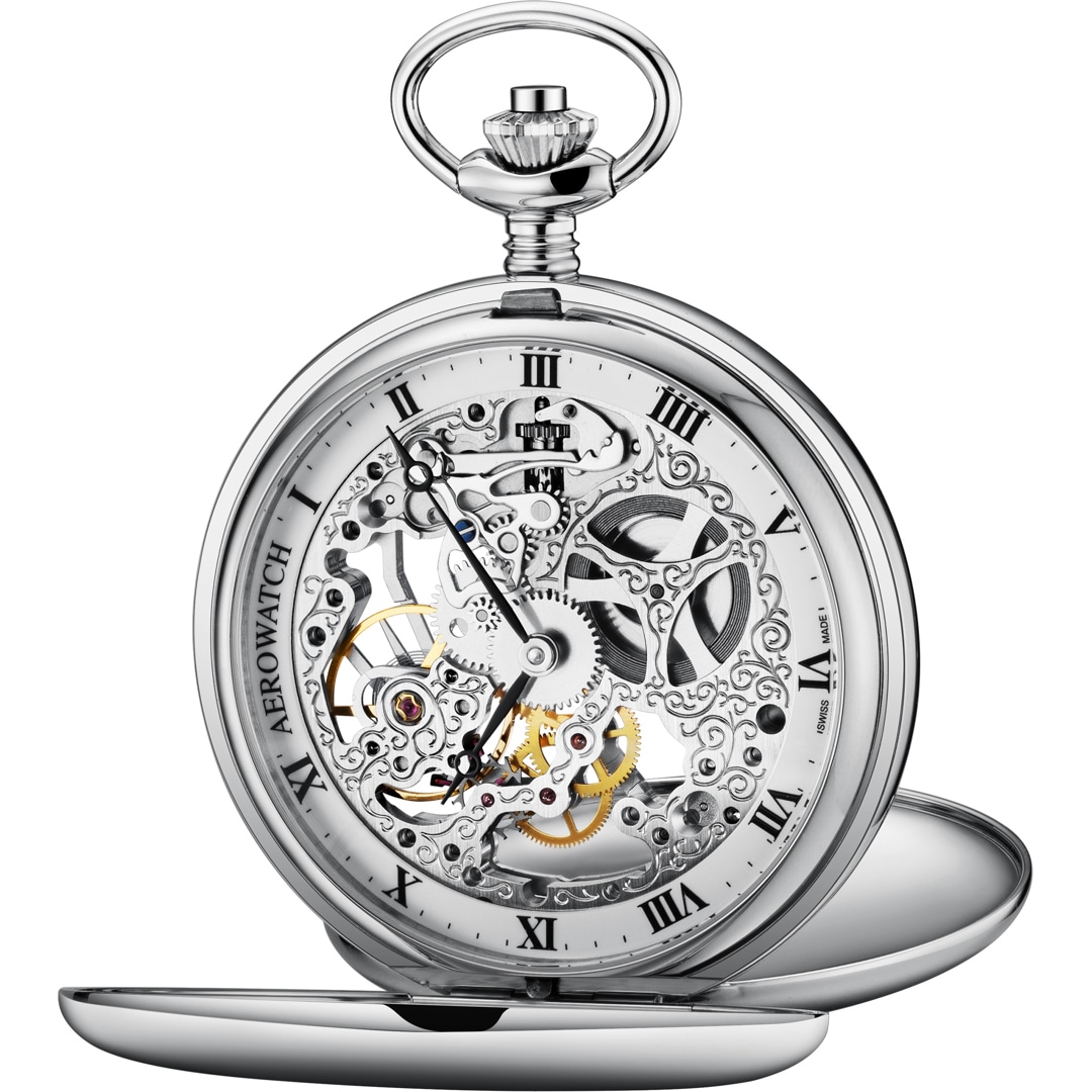 Aerowatch Taschenuhr Savonnette Skeleton Silbrig