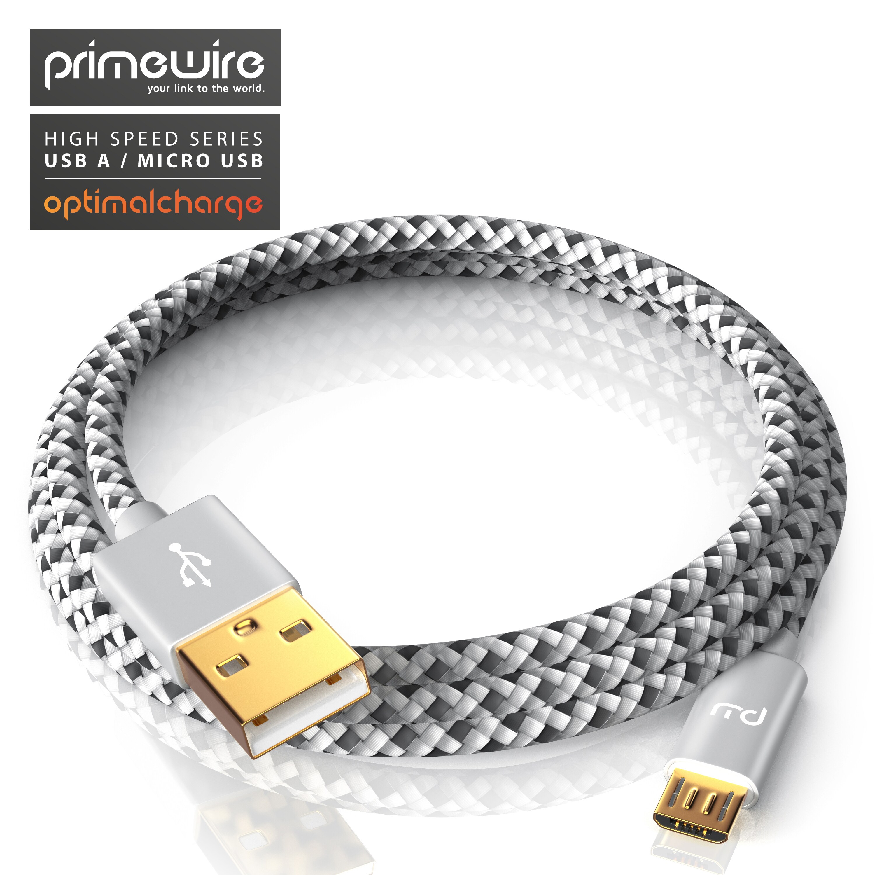 Primewire Premium Micro USB 2,4A Schnellladekabel - Nylonkabel Metallstecker - High Speed Ladekabel / Datenkabel - 5m