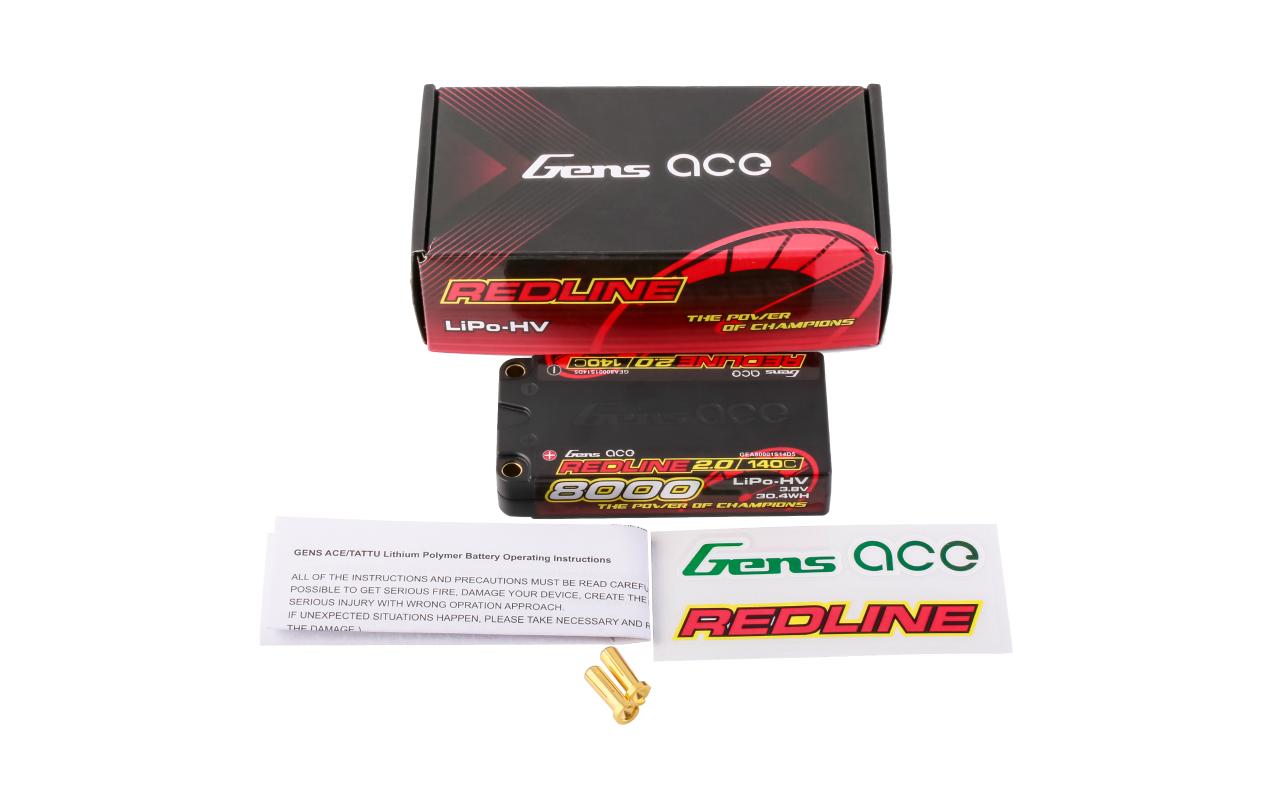 RC-Akku LiHV 8000 mAh 3.8 V 140C Redline 2.01S LiPo HV Shorty Akku mit 5 mm Bullet Goldstecker