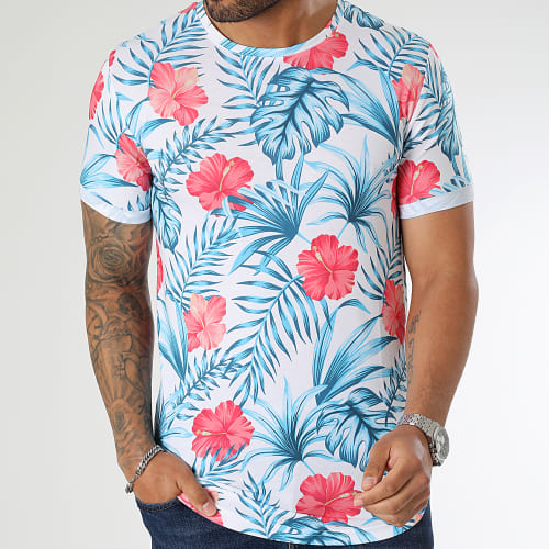 Tee Shirt Oversize Slim Fit Imprimé Avec Revers 2865 Tropical Blanc Bleu