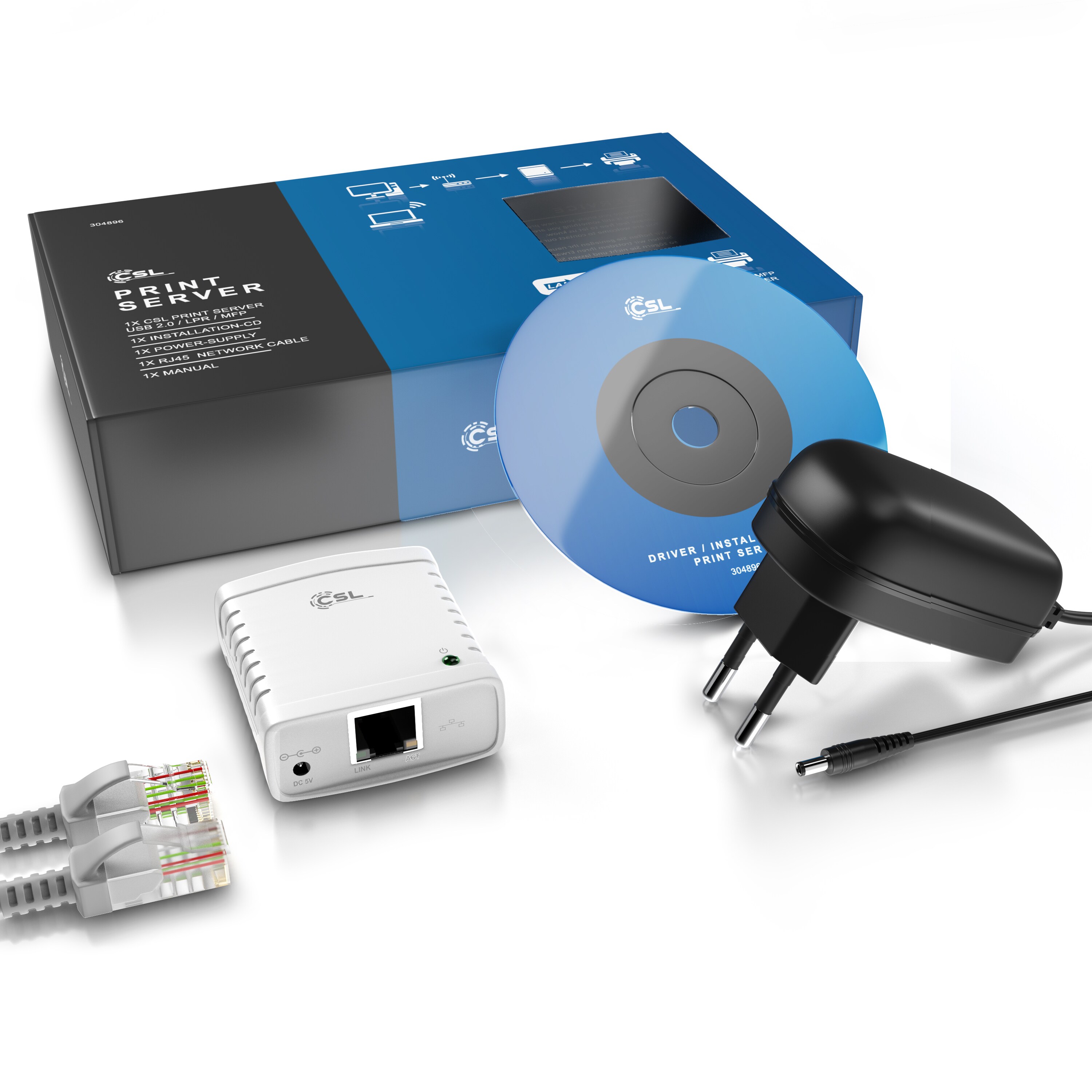 CSL LAN Printserver Druckerserver - Fast Ethernet - USB2.0 High Speed - LRP Print Server für Windows - Netzwerk USB zu RJ45 - DHCP fähig, TCP/IP
