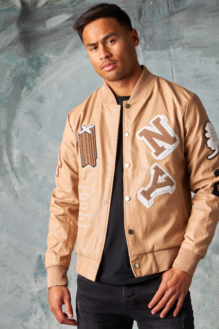 Bomber en simili cuir beige foncé brodée 