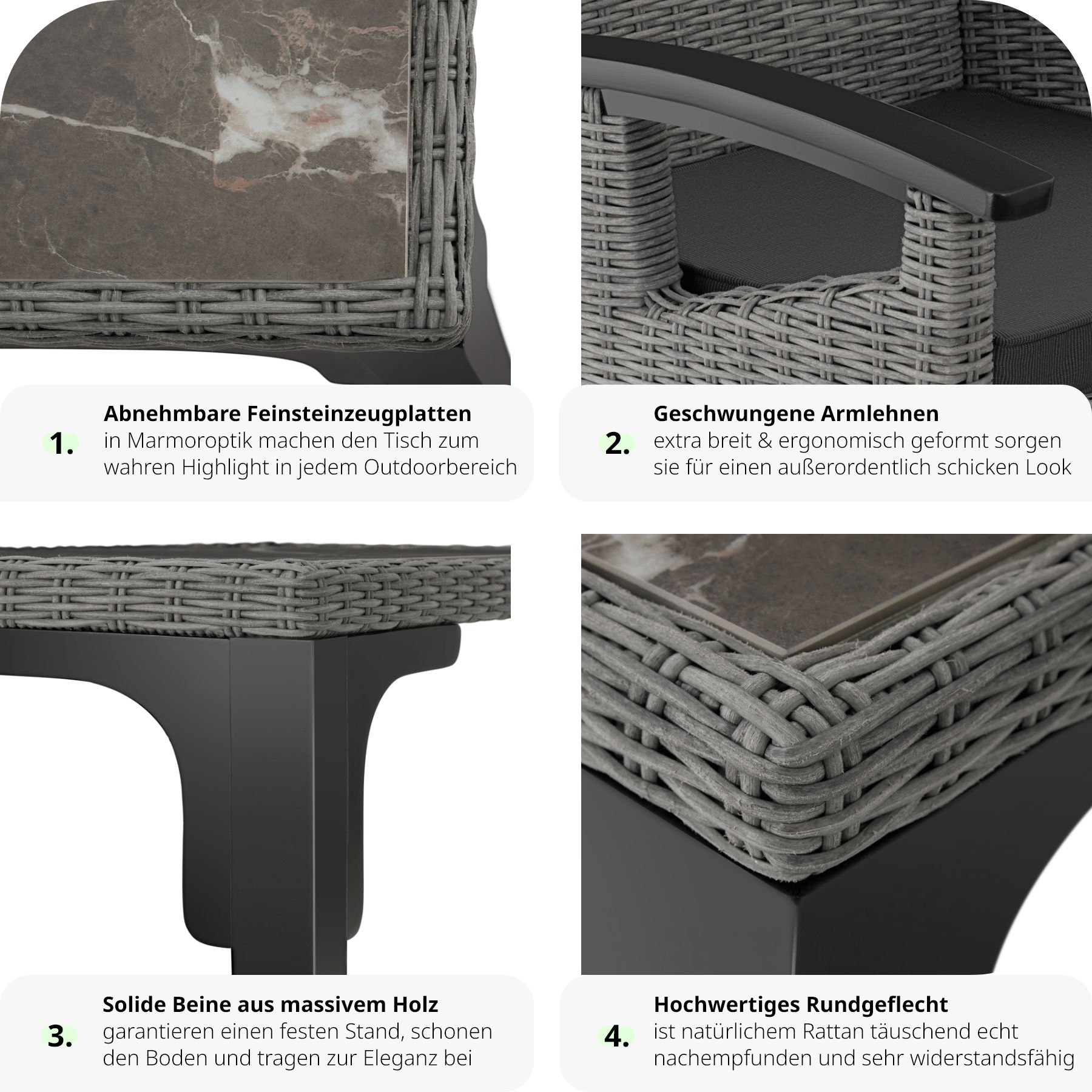 tectake® Rattan Tisch Foggia mit 6 Stühlen Rosarno, mit Holzgestell, wetterfest und UV-beständig, Armlehnen und Beine aus Holz