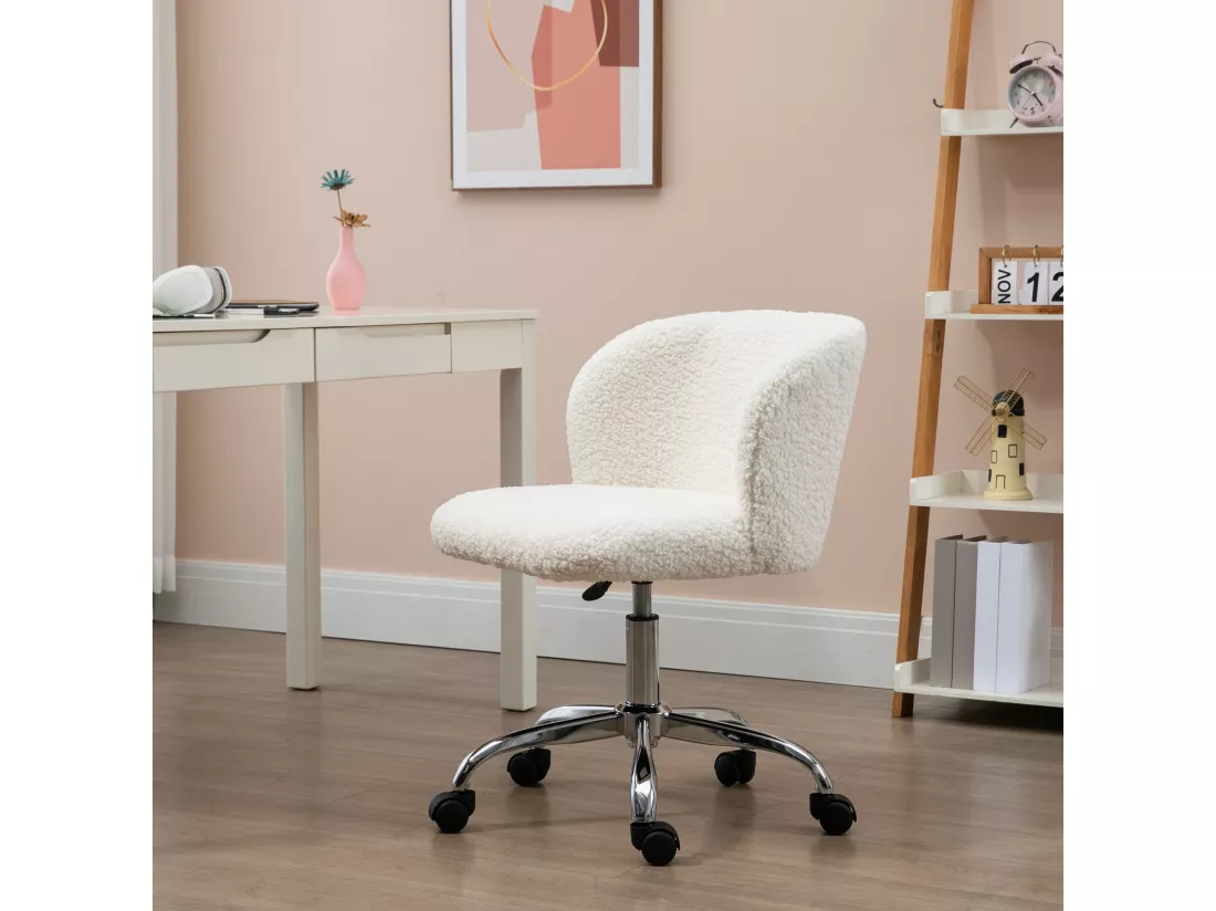 Chaise de bureau design - hauteur réglable, pivotante - piètement acier chromé revêtement effet laine bouclée blanc