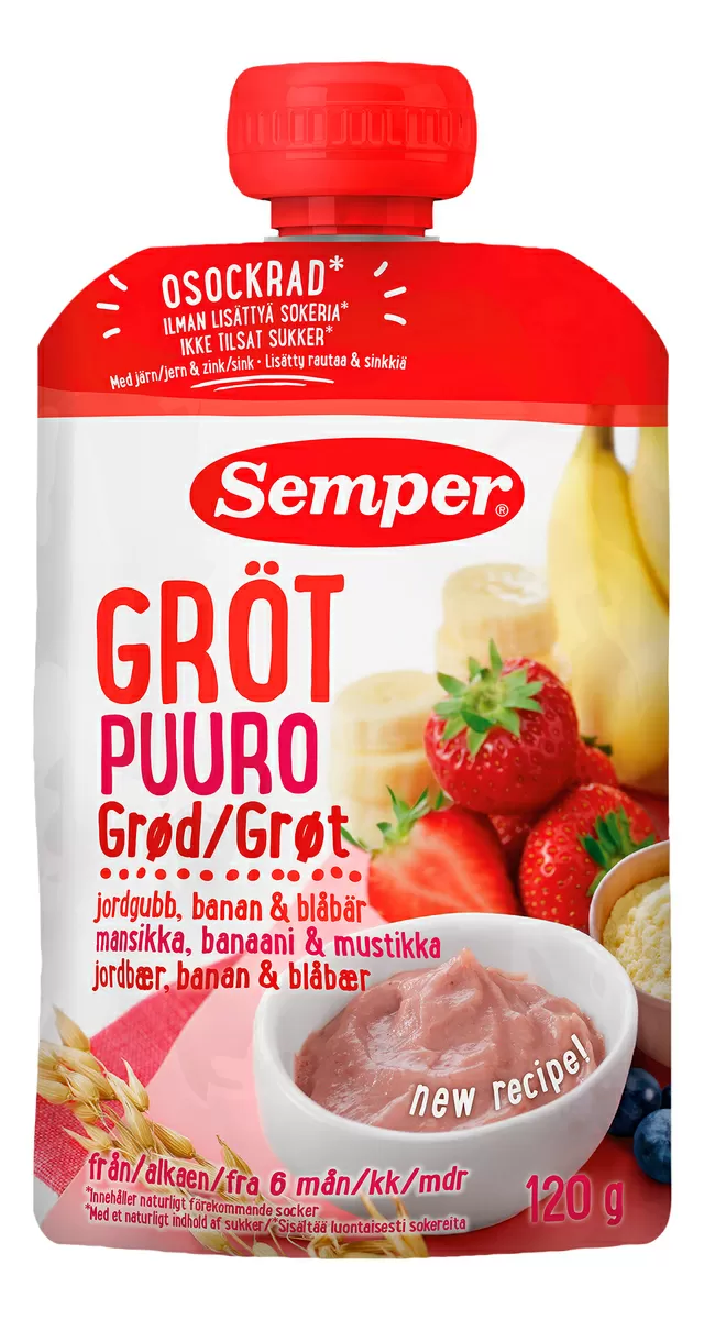 Semper Frugtgrød m. Jordbær, Banan & Blåbær 6 mdr. - 120 g.
