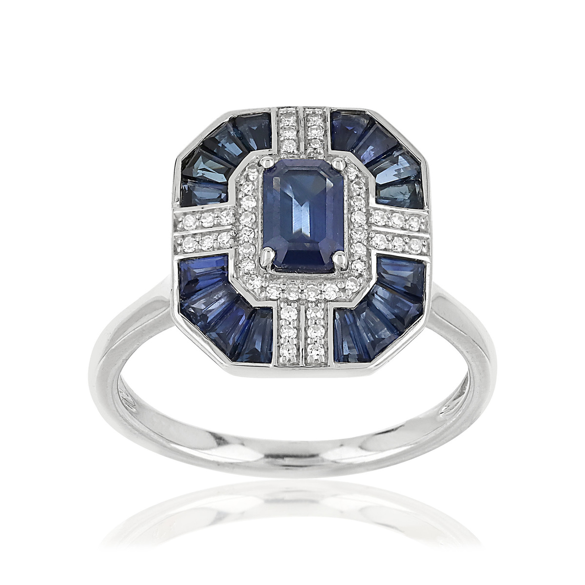 Bague or 750 blanc rectangulaire saphirs et diamants