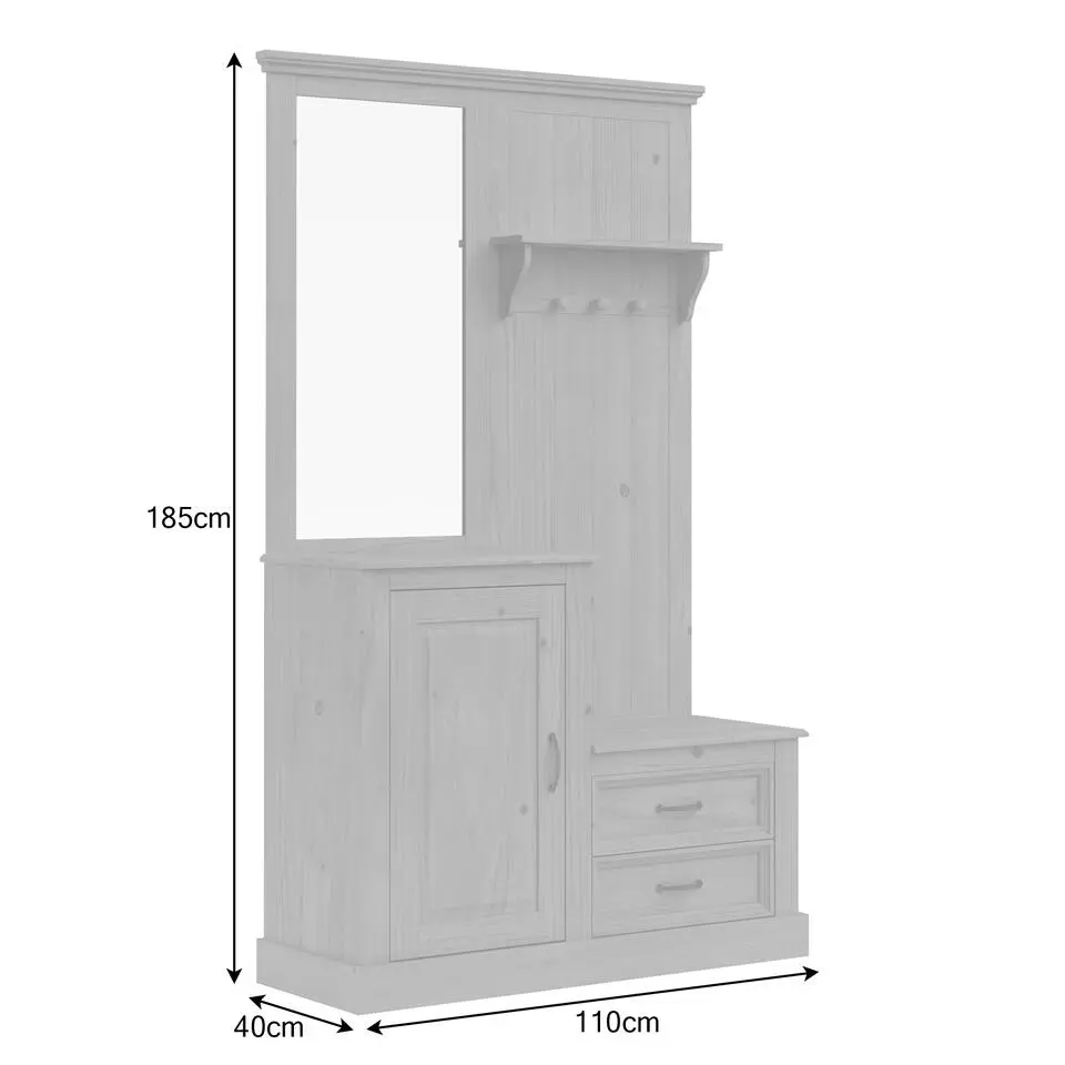 Selma - Garderobe met spiegel en 1 deur 2 lades in wit grenen