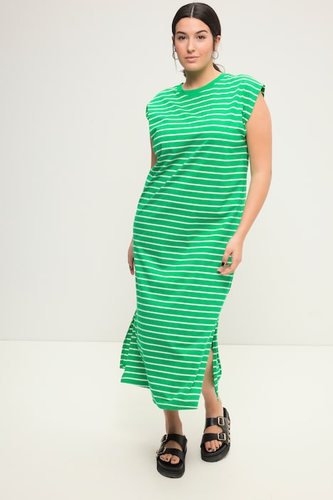 Jersey-Midikleid, oversized, geringelt, Rundhals, ärmellos, Seitenschlitze