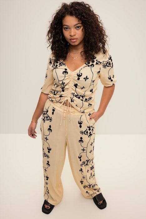 Bluse, Raffband unter V-Ausschnitt, Langarm, Print