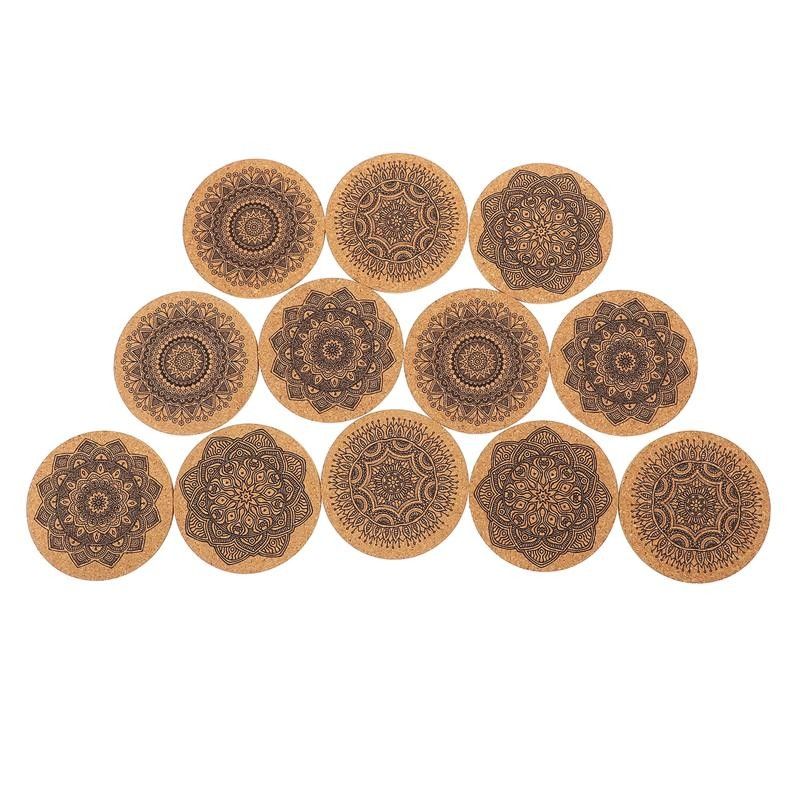 (12er Set) Ø10cm Kork Getränke Untersetzer Mandala Glasuntersetzer   Halterung - Braun