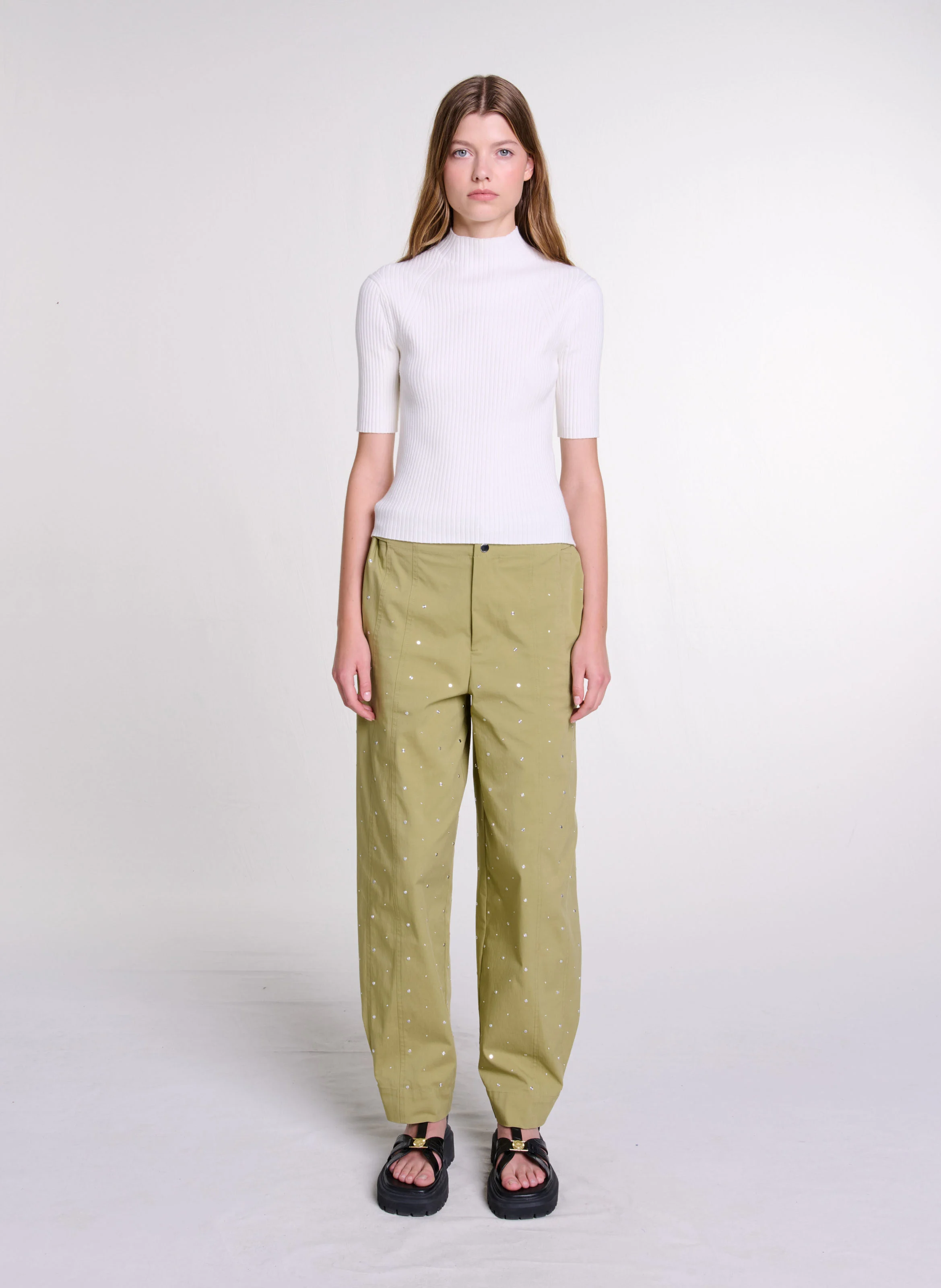 Top col rond en coton mélangé | Beige
