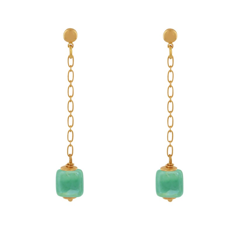 Boucles d'Oreilles Chainette Laiton Doré et Cube en Céramique