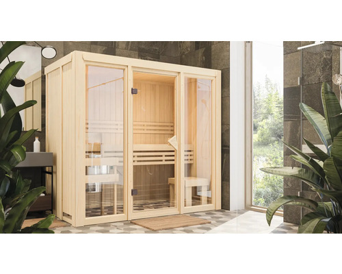 Karibu Avarni 2 modulaire sauna inclusief 3,6 kW biooven en externe bedieningseenheid, zonder dakrand, met gebronsde volledig glazen deur