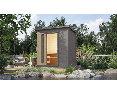 Karibu Talos 1 saunacabine zonder oven, houten deur en isolatieglas, terragrijs