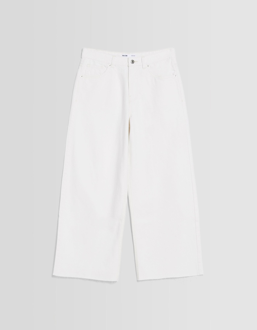 calças jeans cropped de perna larga