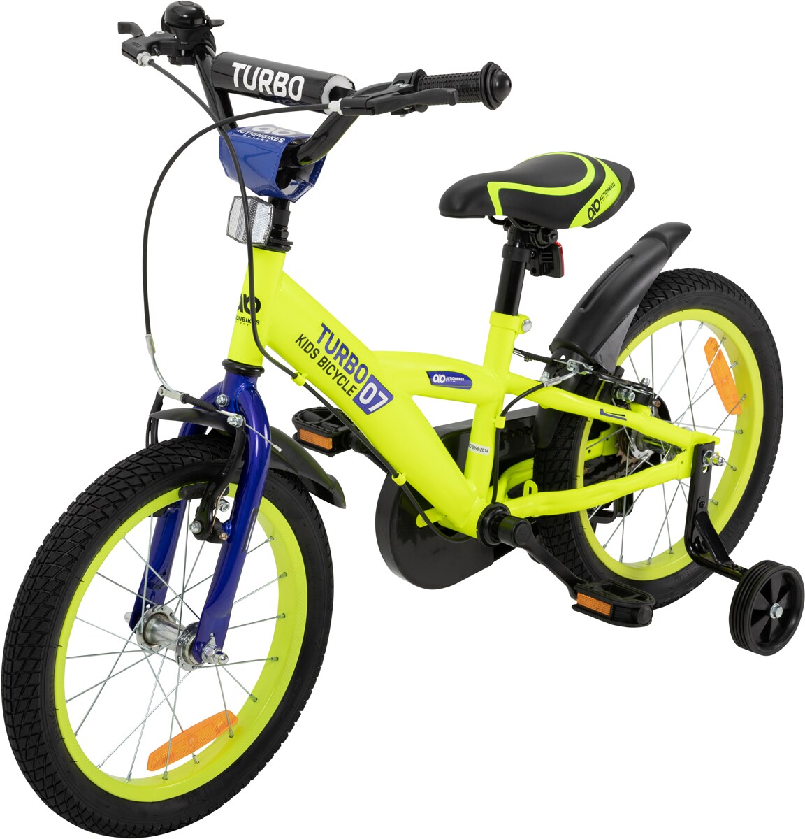 Actionbikes Kinderfahrrad Turbo 16 Zoll, Stützräder, V-Brake-Bremsen, Lenker-/Kettenschutz, Klingel