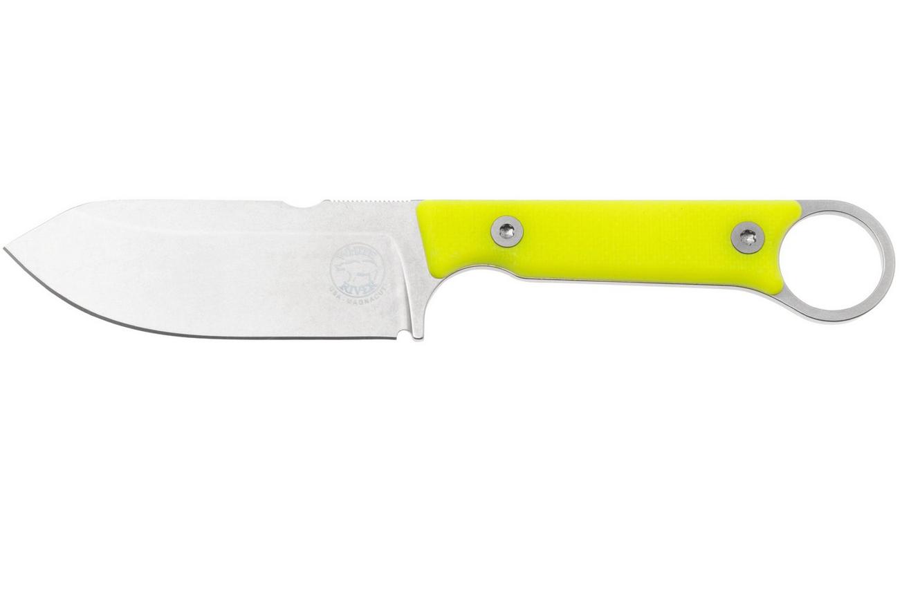 White River Firecraft 3.5 Pro, Stonewashed Magnacut, Yellow G10, survivalmes, Kydex schede met firesteel