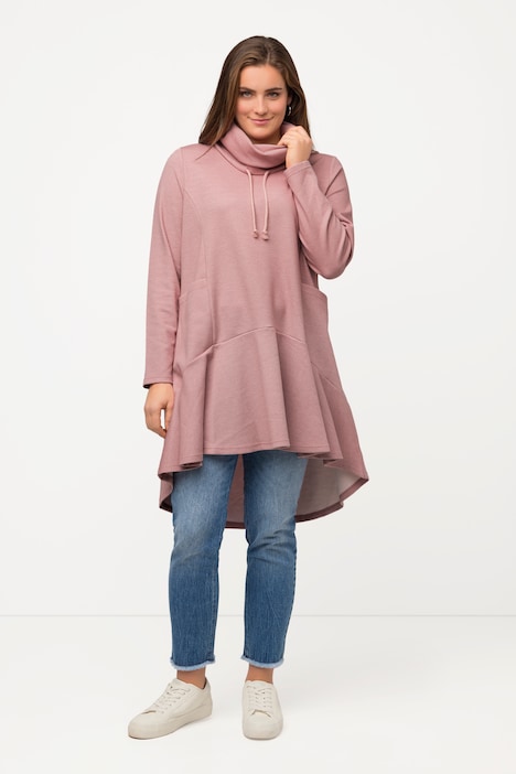 Longsweater, Fischgrat, Volantsaum, Stehkragen, Langarm