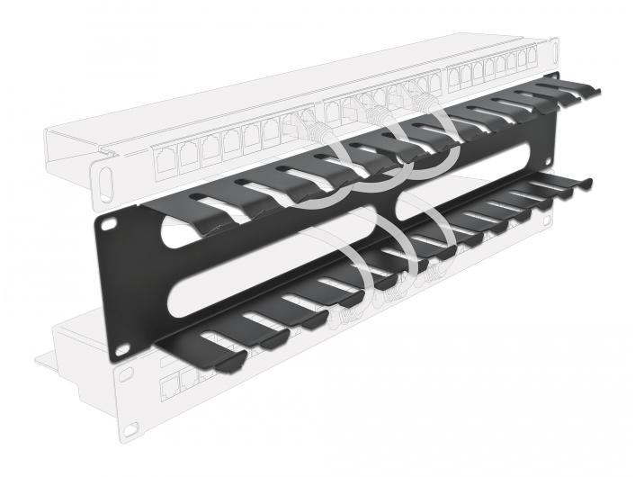 Delock Kabelführungspanel 2HE mit 4 Öffnungen , Schwarz Delock 19″ Kabelmanagement Rangierpanel mit 4 Öffnungen 2 HE schwarz