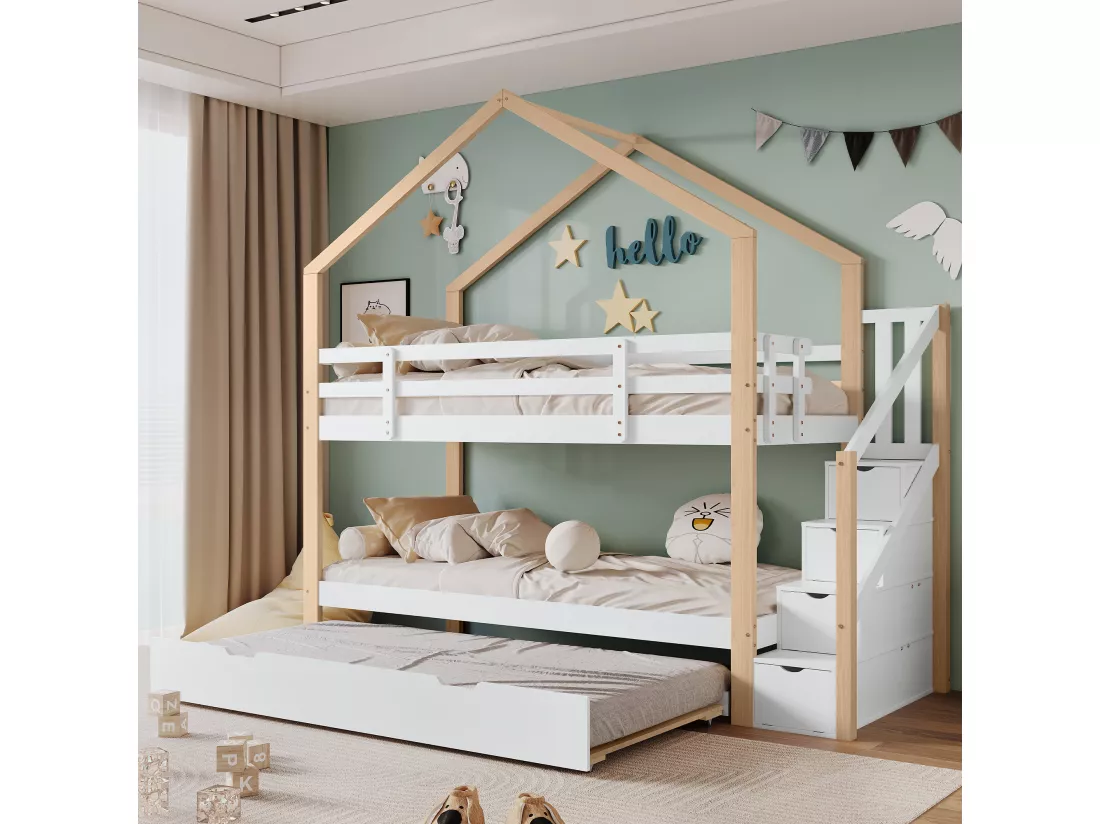 Lits superposés 2 x 90 x 200 cm avec lit gigogne 90 x 190 cm, avec 4 tiroirs et escalier, bois massif + MDF, blanc