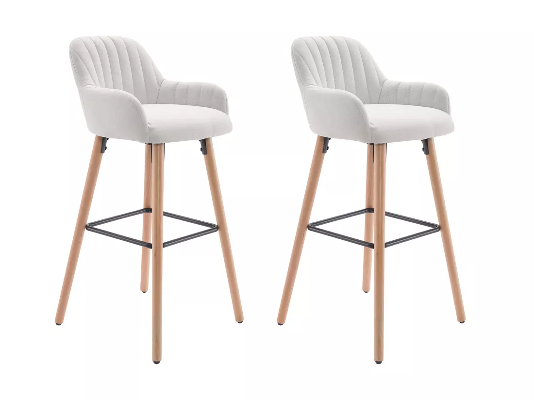Lot de 2 tabourets de bar en tissu et pieds bois de hêtre - Crème - ELEANA