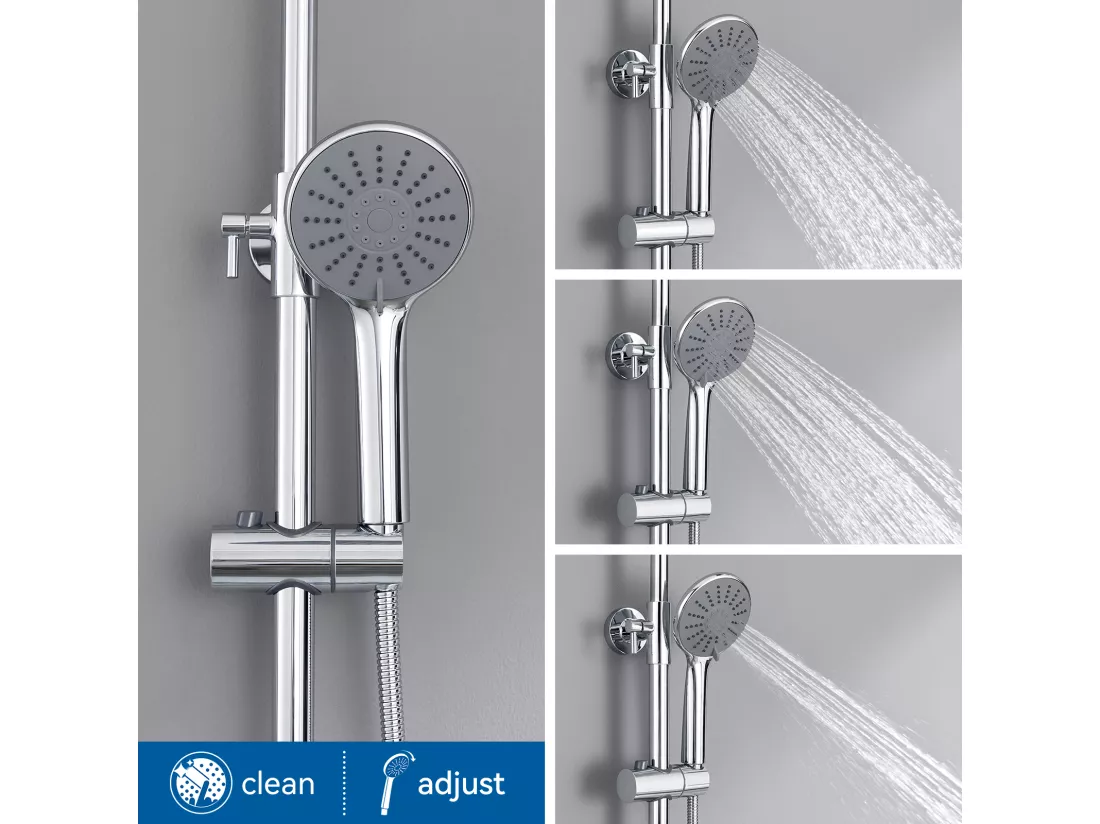 Colonne de Douche Thermostatique,Douchette à Main 3 Jets,9 Pouces Tête de Douche,Ensemble de Douche Hauteur Réglable entre 800-1100mm,Chromé