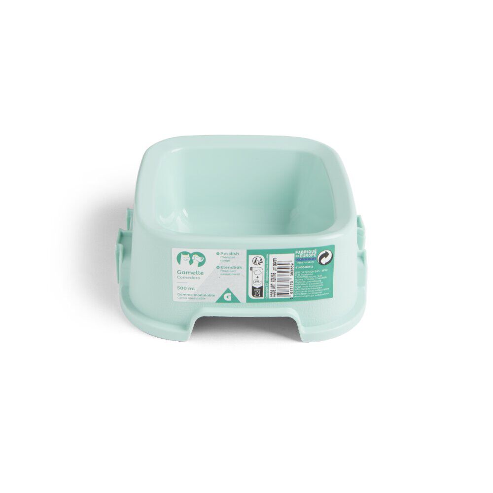 Gamelle carrée pour chien plastique vert 500 ml - 16,6x16,6xH.6,5cm