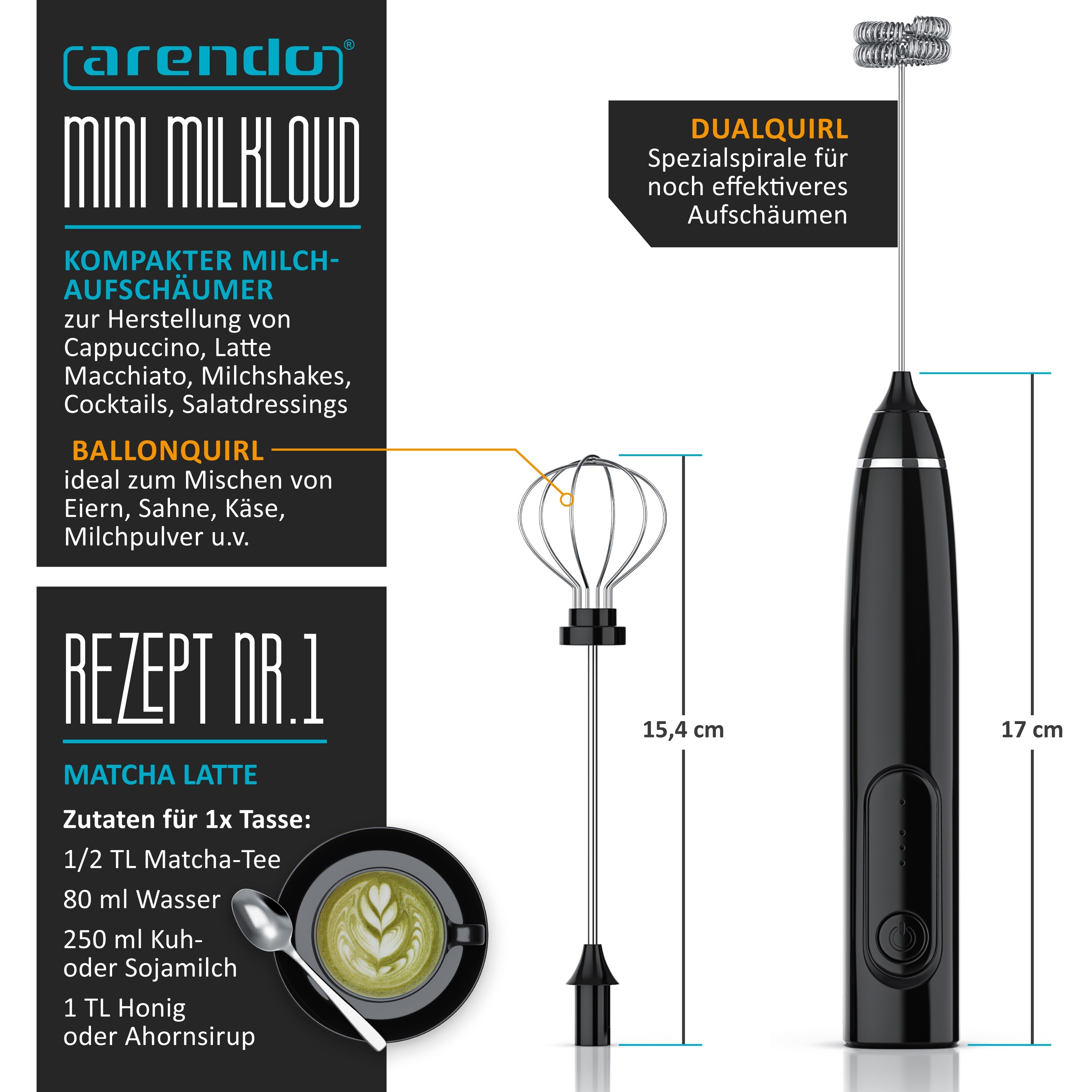 Arendo Milchaufschäumer wiederaufladbar mit Doppel & Ballonquirl 3 Geschwindigkeiten - 1200mAh