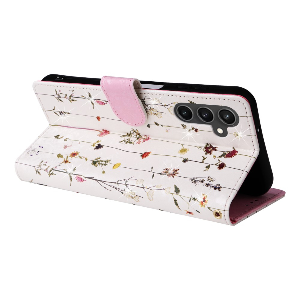 Samsung Galaxy S23 FE Leder Tasche mit Kartenfächer - Glitzer Blumenranken