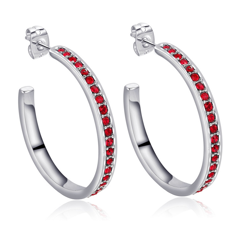 Boucles d'Oreilles Petites Créoles ornées de Cristal de Swarovski Rouge