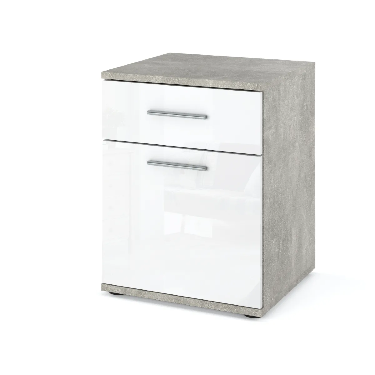 Table de chevet - Beton/Blanc Brillant - 1 tiroir - 1 porte