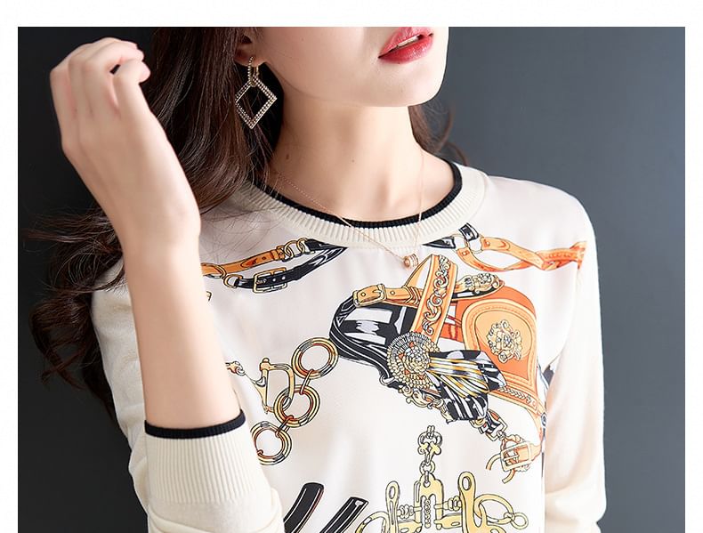 Kwuartz - Gebreide top met lange mouwen, ronde hals en print en contrasterende bies