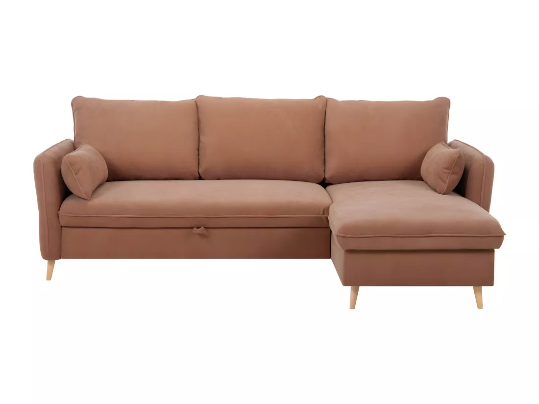 Canapé d'angle convertible réversible avec coffre 3-4 places en tissu effet velours terracotta et bois clair DRISS