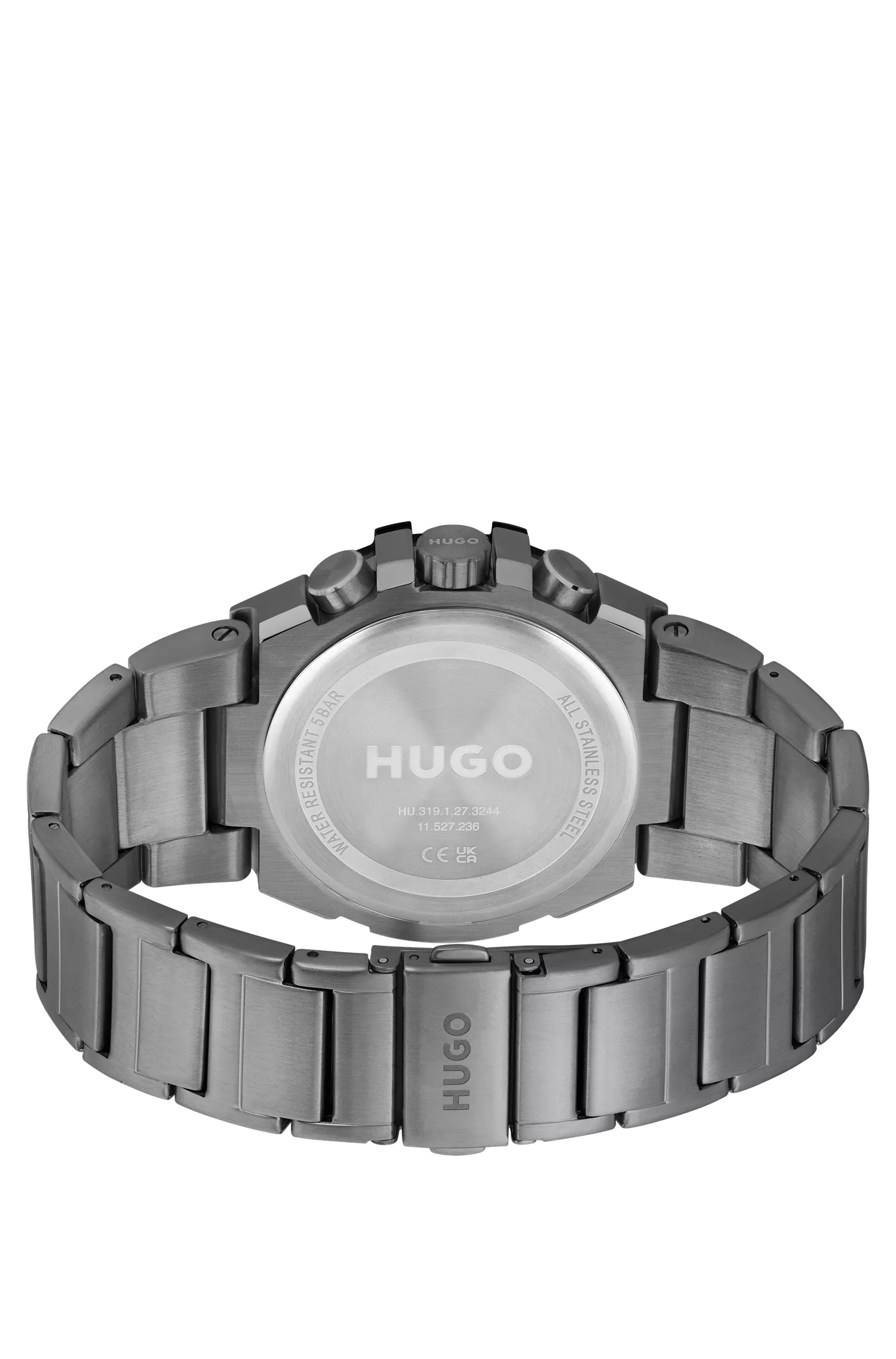 Relógio HUGO com pulseira de elos vermelhos e mostrador verde-oliva em camadas.