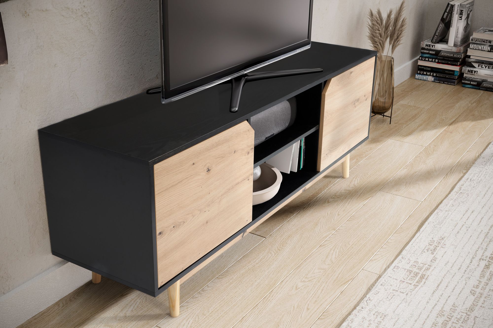 Lowboard FineBuy TV Schrank 150 cm Fernsehkommode Fernsehschrank Schwarz Eiche