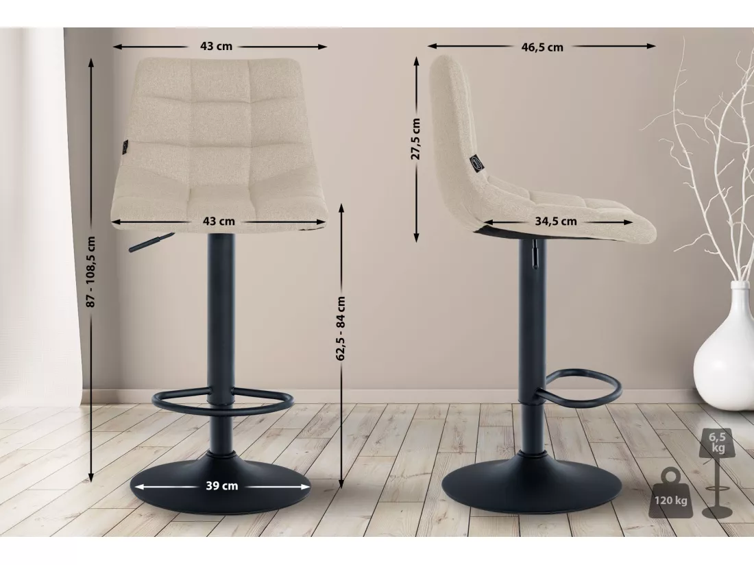 Lot de 2 Tabouret de bar - Tissu & Métal - Crème - Jerry