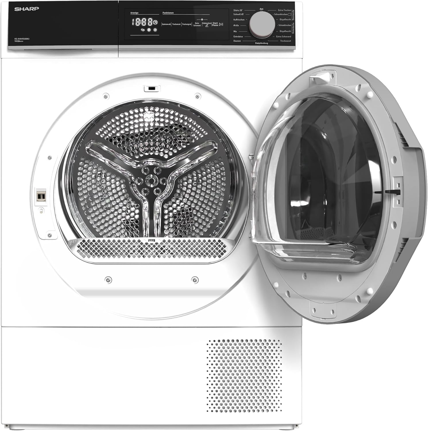 Sharp KD-NHH9S8GW3-DE Wärmepumpentrockner/C / 9 kg / 15 Programme inkl. Kurzprogramm 30 Min. / Schontrommel mit LED-Trommelbeleuchtung/Weiß