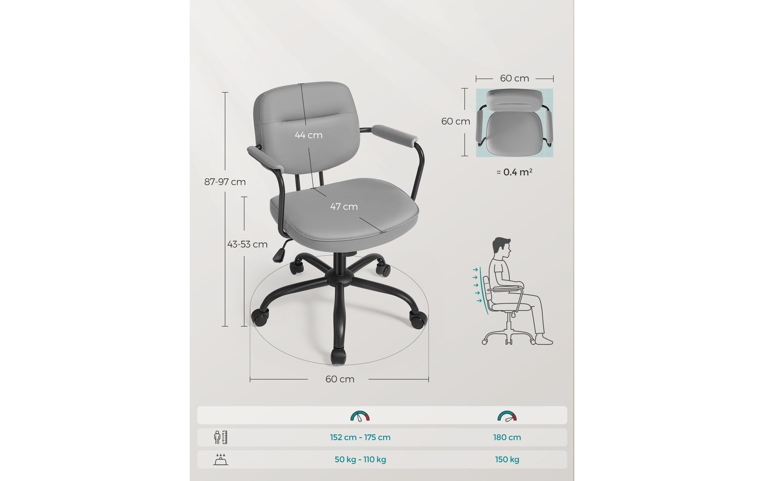 Bürostuhl mit Polsterrücken und Armlehnen, Grau<br>Drehstuhl mit gebogenem Sitz
