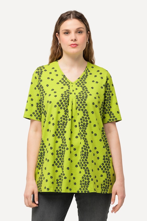 T-Shirt, Blüten, Zierfalten, V-Ausschnitt, Halbarm