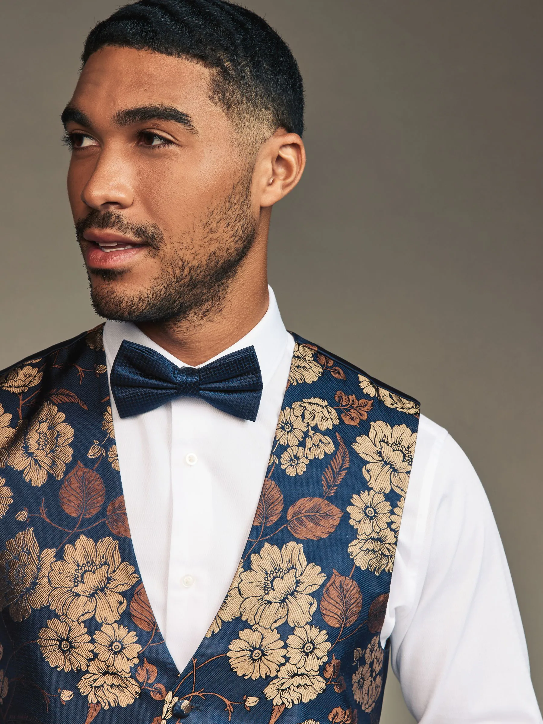 Marineblauw/goud gebloemd - Regular fit gilet voor speciale gelegenheden