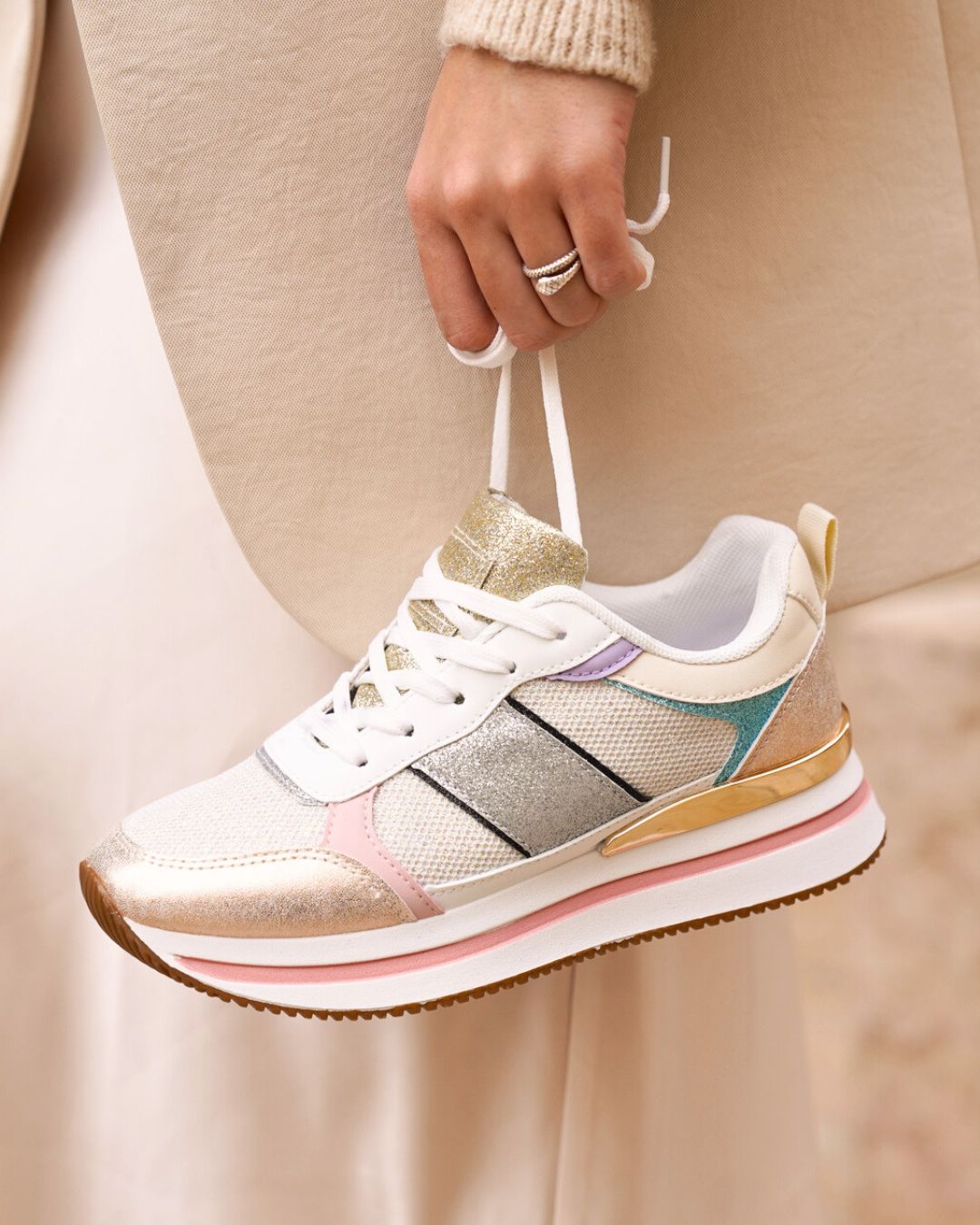 Basket femme champagne semelle épaisse à lacets - Lula
